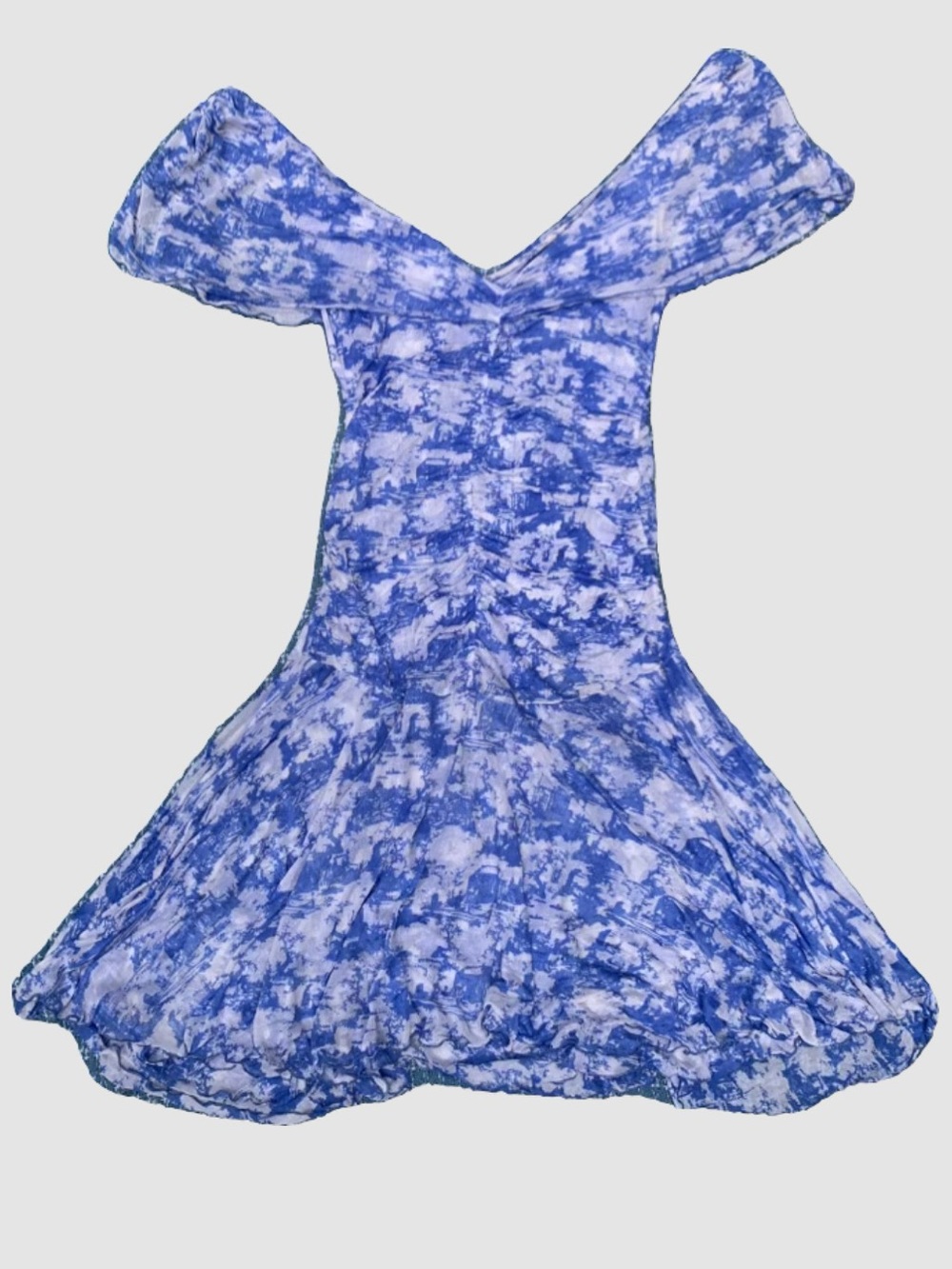 Blue and White Ruched Off-Shoulder Mini Dress